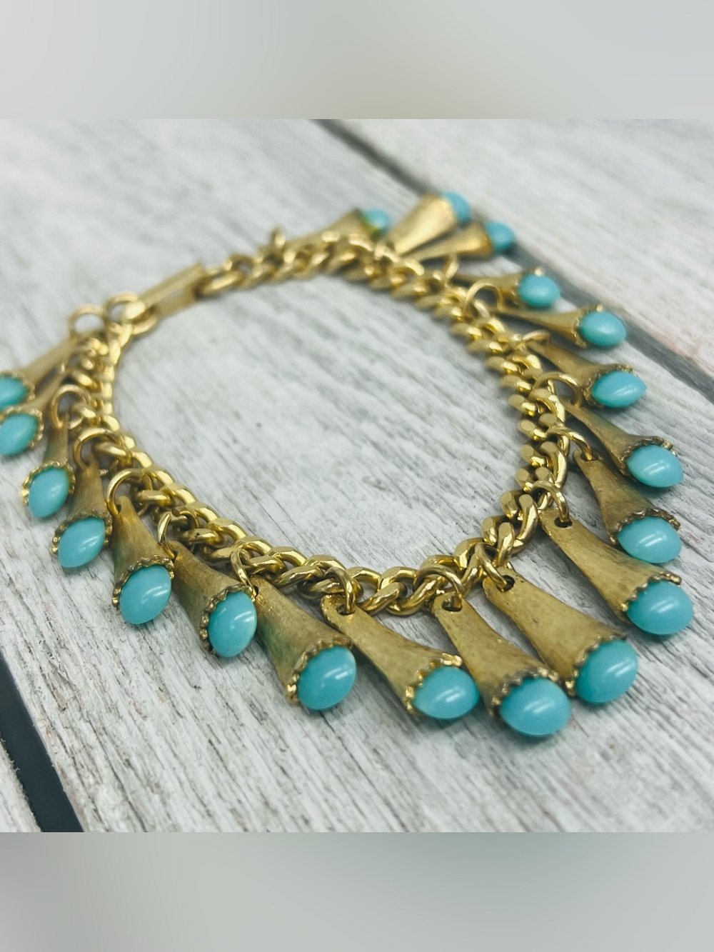 376. Antique Signed Japan Glass Bead Gold Tone Tassel Drop Bracelet Sz. 7
